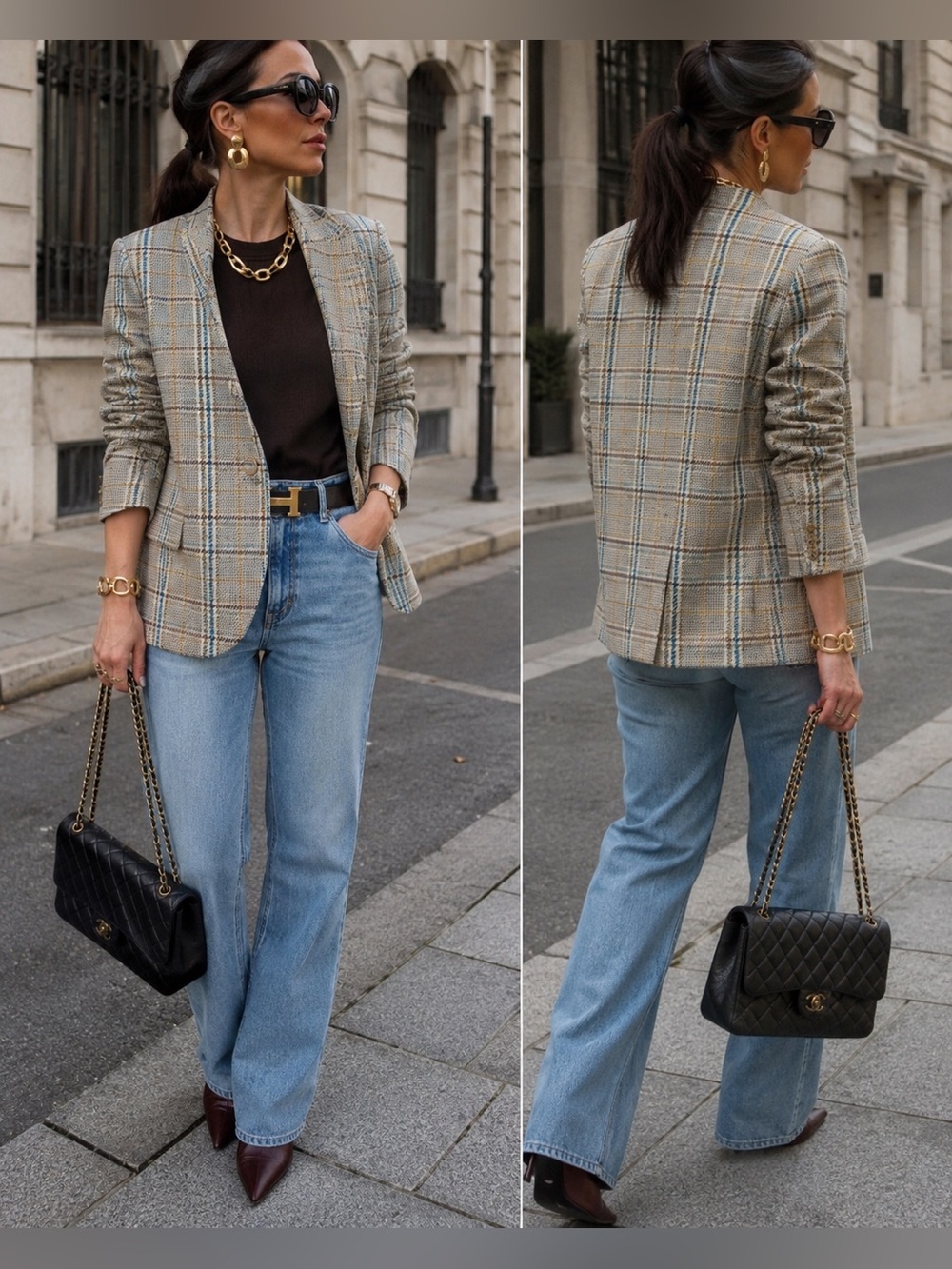 VINTAGE Collections Internationale plaid wool blend collarless blazer